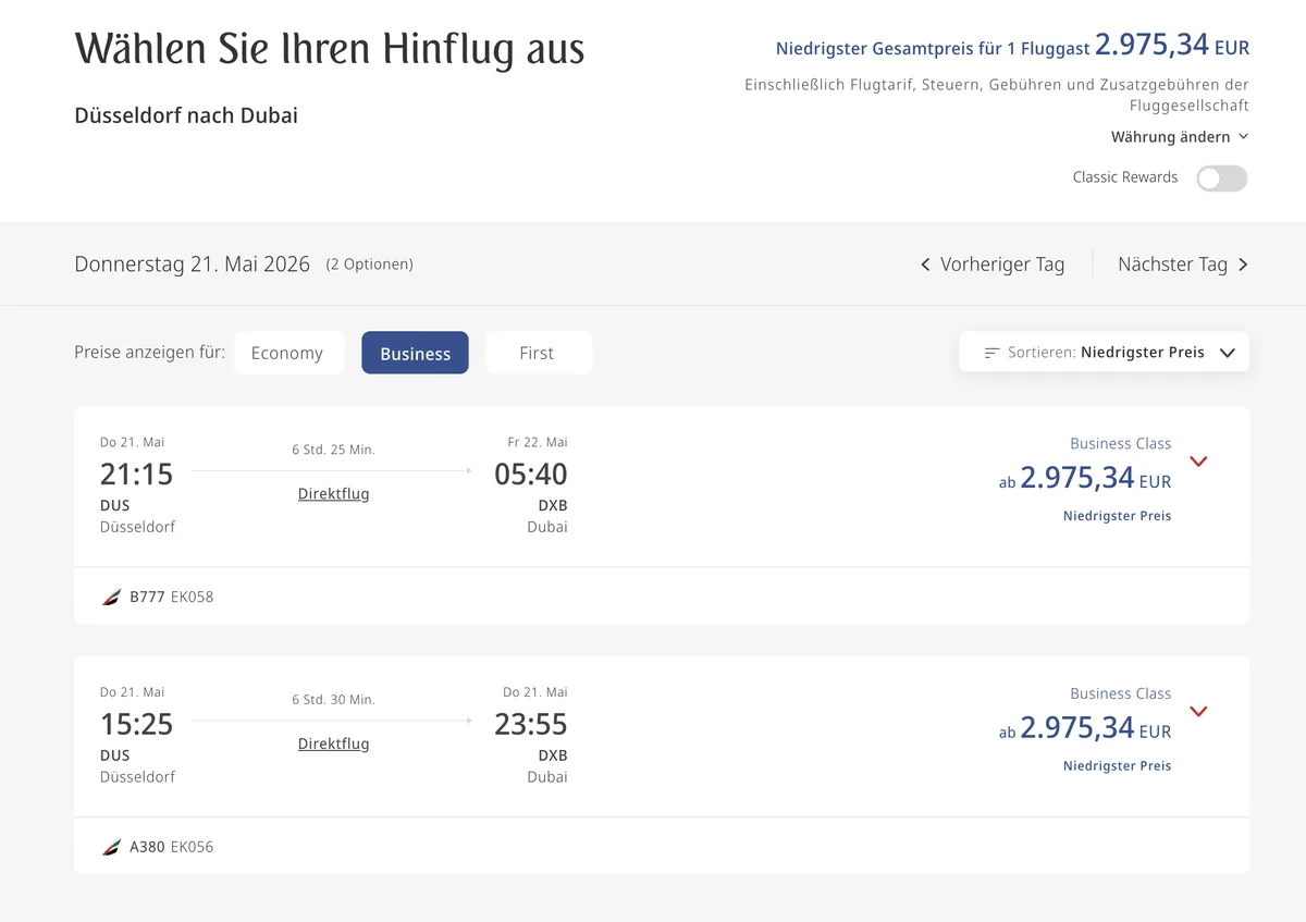 Screenshot emirates.com: Emirates Business Düsseldorf nach Dubai am 21.05.2026 für 2.975,34 Euro