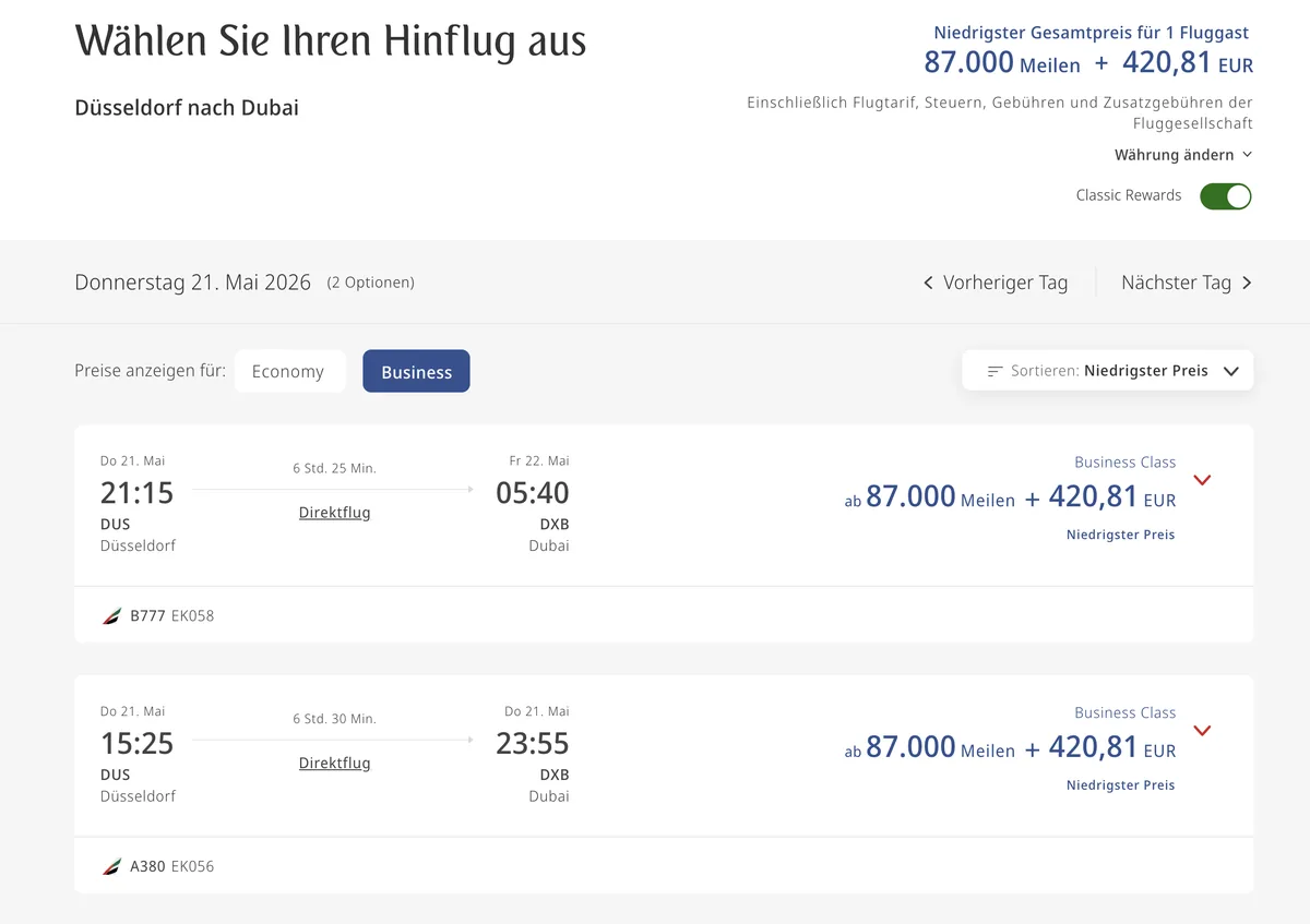 Screenshot emirates.com: derselbe Flug für 87.000 Meilen plus 420,81 Euro